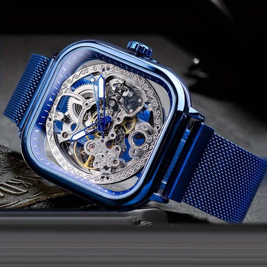 Modern Mens New Blue Square Features Skeleton Design Magnetic Meshcolor Black