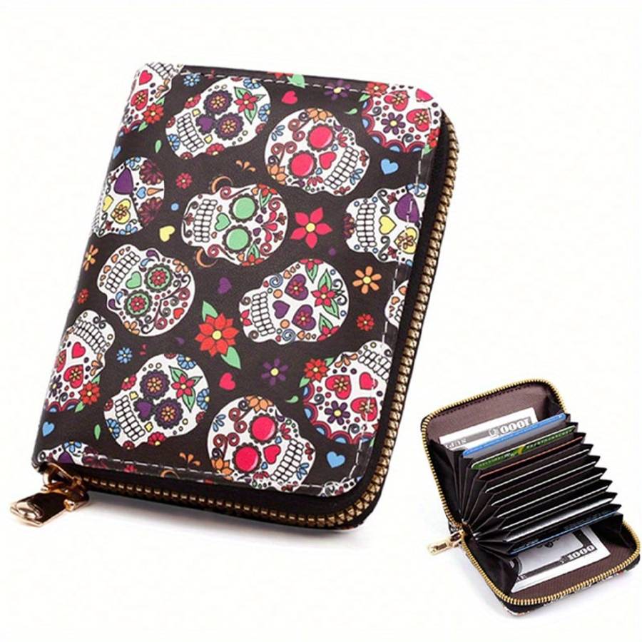 1pc High-end Retro Halloween Wallet Creative Halloween Wallet Colorful Skull Printing Multi-car
