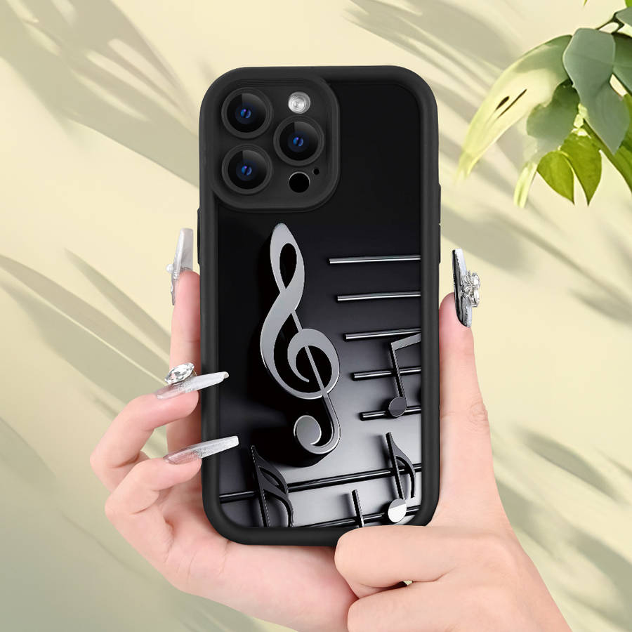 1Pc Black For iPhone 16 Pro Max Musical Note Pattern Phone Case