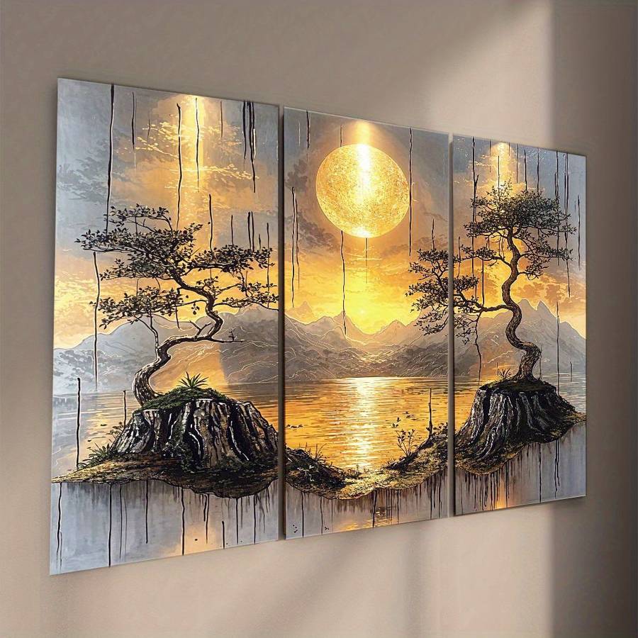 3Pcs Classic Leaflure Bonsai Tree Wall Art Golden Sun Mountain Living Room