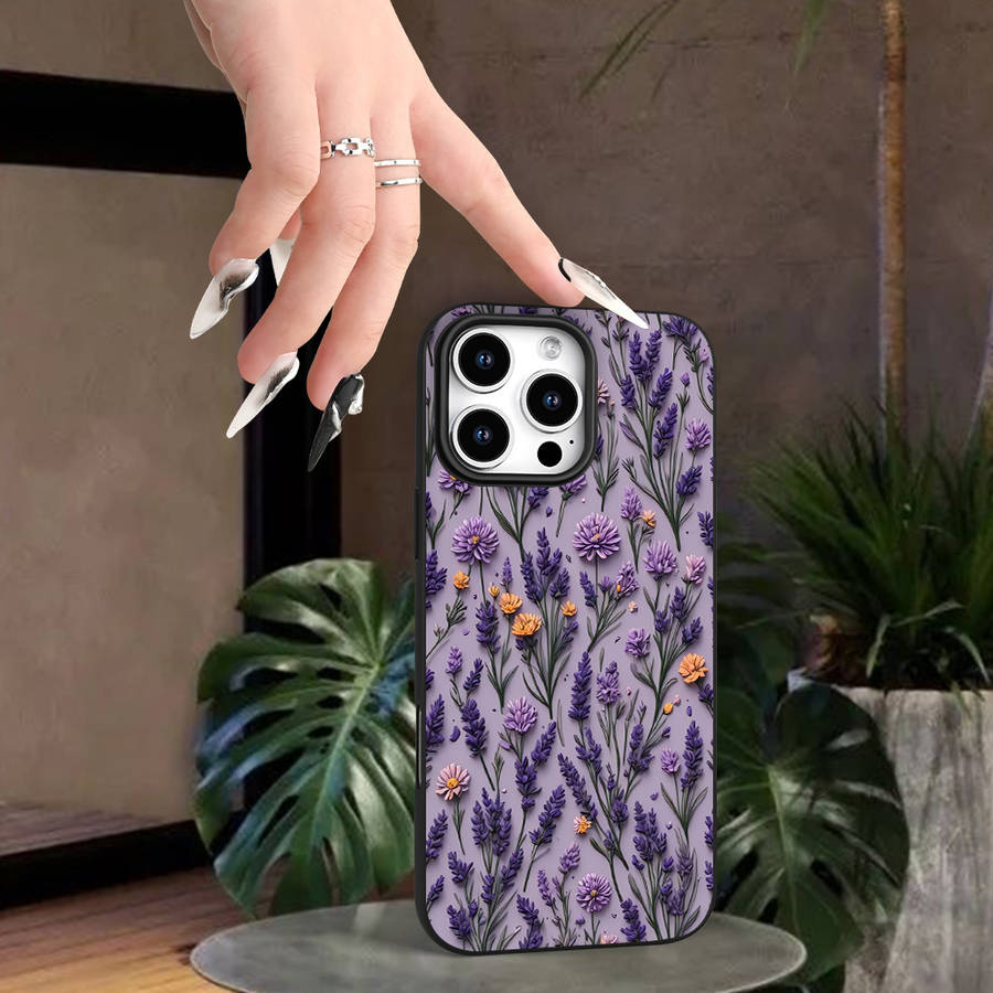 1Pc Black For iPhone 15 Pro Lavender Vine Pattern Phone Case