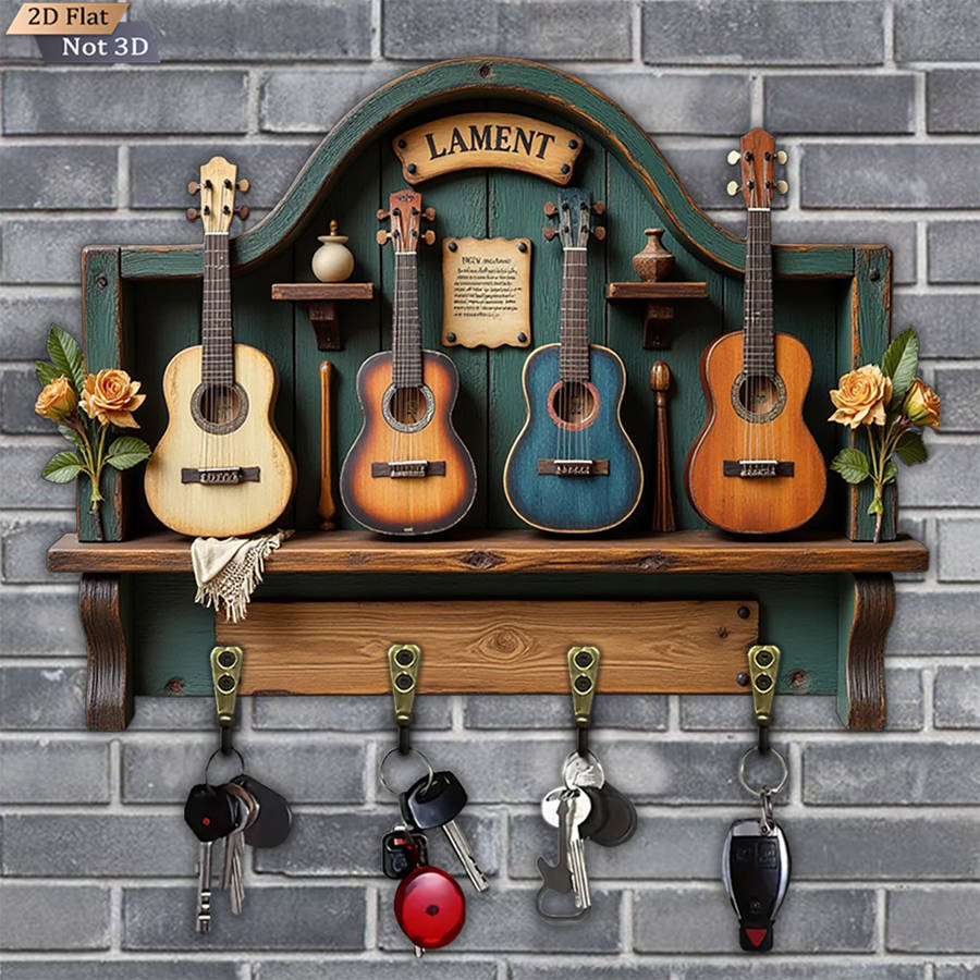 Bohemian Vintage Guitar Shaped Wall Key Hook With 4 Metal Model A