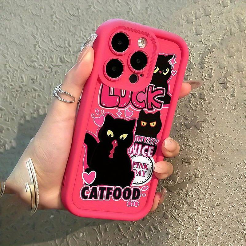 1Pc Rose Red For iPhone 14 Pro Heart And Black Cat Phone Case