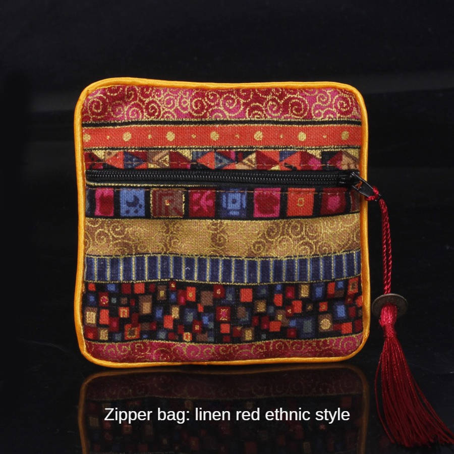 Storage Bag Color Zipper Bag Red Ethnic Style*Zipper Bag 11.5*11.5Cm