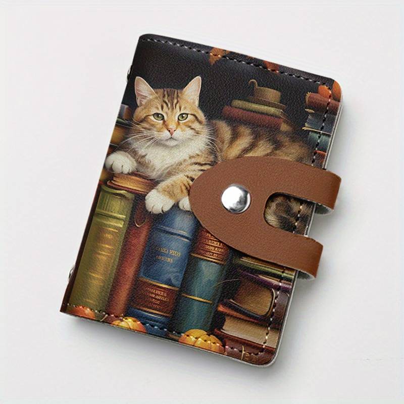 1pc Vintage Bookshelf Cat Print Slim Card Holder with 24 Slots Stylish Synthetic Leather Credit C