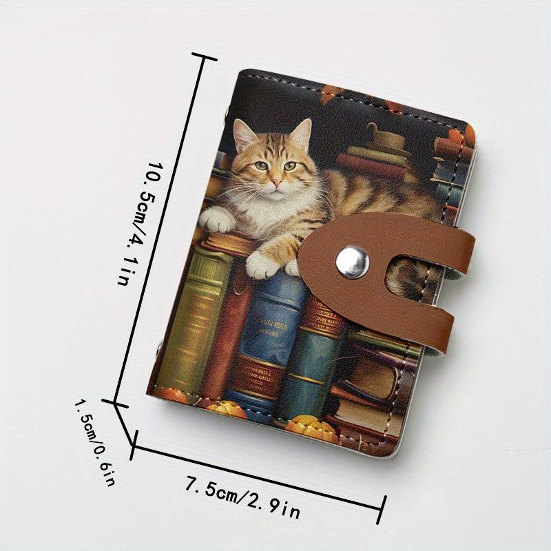 1pc Vintage Bookshelf Cat Print Slim Card Holder with 24 Slots Stylish Synthetic Leather Credit C