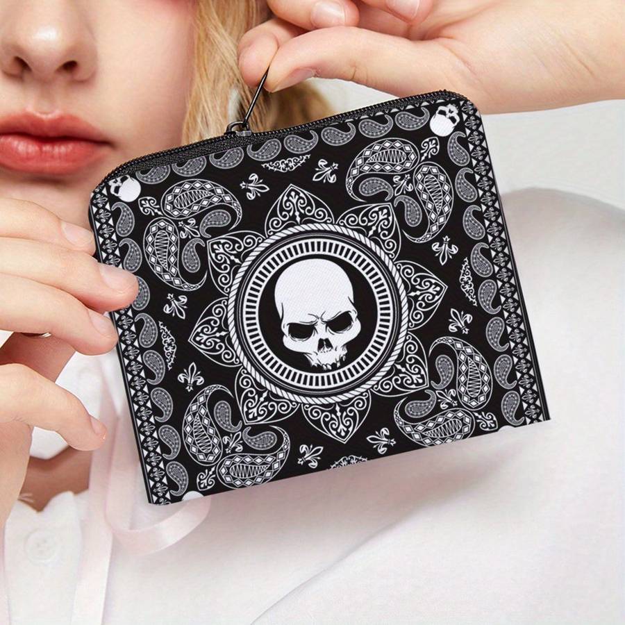1pc Women'S Polyester Portable Coin Purse with Digital Print Black Transforming Bug and Skull Patte