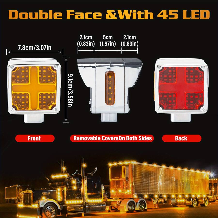 2pcs Amber-Red Square Double Face Turn Signal Lights Truck Fender Pedestal Light Rep