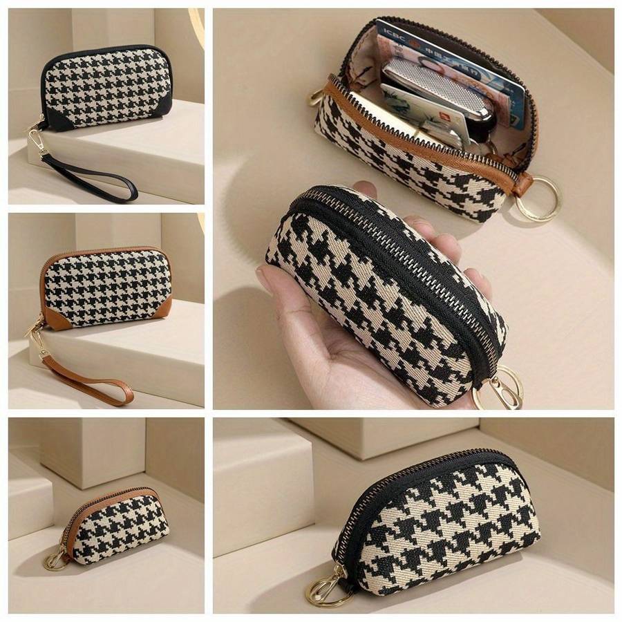 1pc Elegant Canvas Long Style Wallet Portable Printing Houndstooth Zipper Purse with Credit Card C