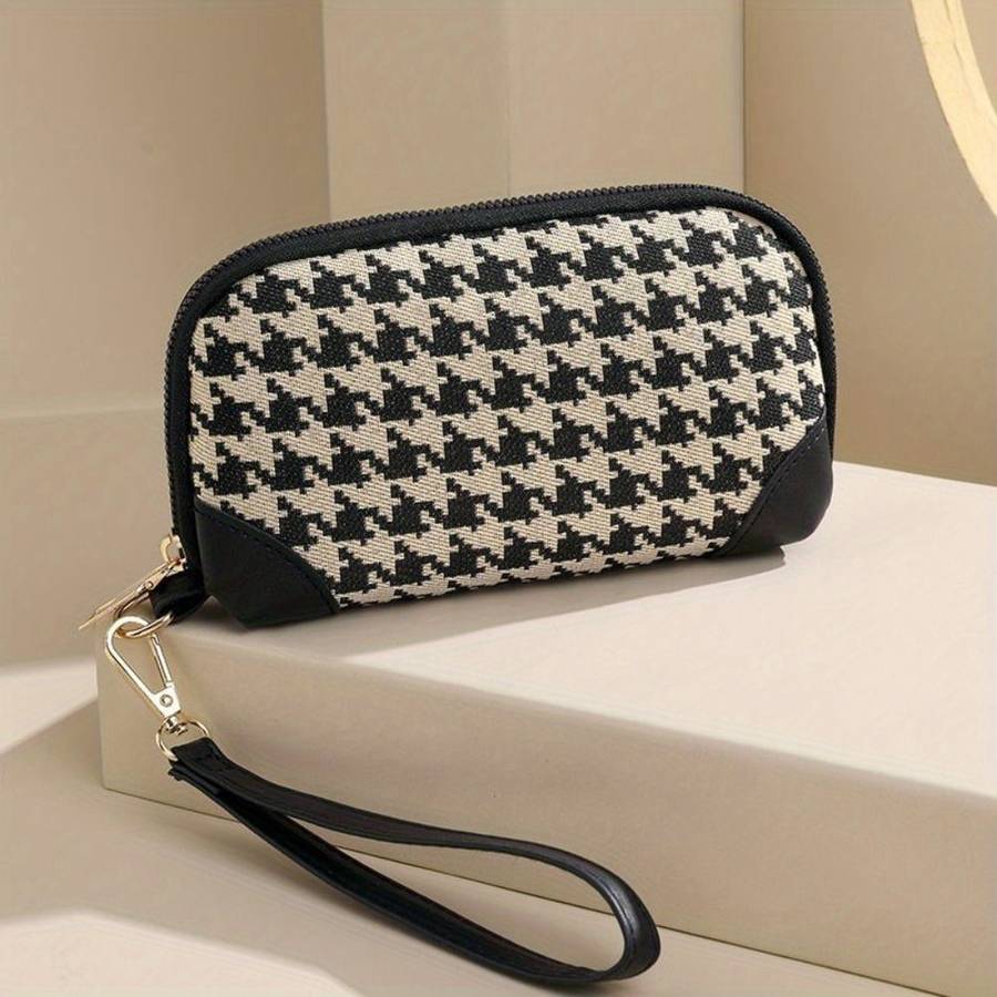 1pc Elegant Canvas Long Style Wallet Portable Printing Houndstooth Zipper Purse with Credit Card C