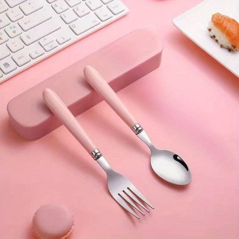 2pcs Stainless Steel Utensil Set with Storage Box Portable Spoon and Fork Available in Green