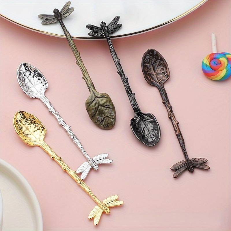 1pc Dessert Spoon In The Shape Of A Leaf With Dragonfly Branches And Leaves For Kitchen And