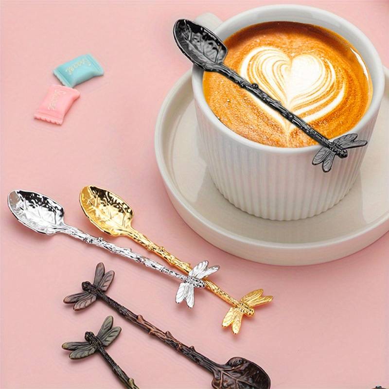 1pc Dessert Spoon In The Shape Of A Leaf With Dragonfly Branches And Leaves For Kitchen And