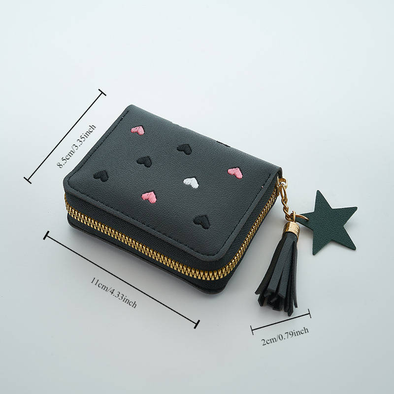 1pc Honey Girl Short Wallet Heart Embroidery Zipper Closure Polyester Lining Unisex with M