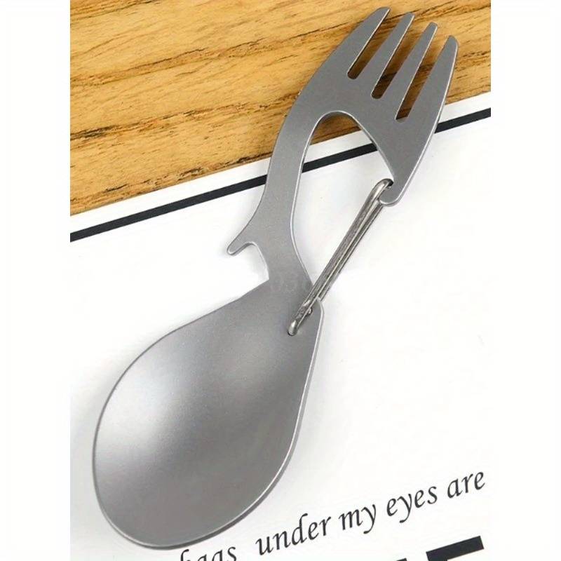 1pc Stainless Steel 3in1 Camping Utensil Fork Spoon Bottle Opener with Carabiner Clip for