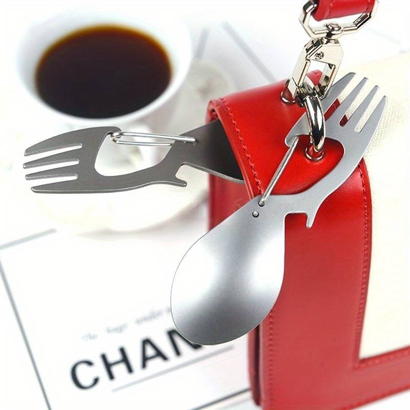 1pc Stainless Steel 3in1 Camping Utensil Fork Spoon Bottle Opener with Carabiner Clip for