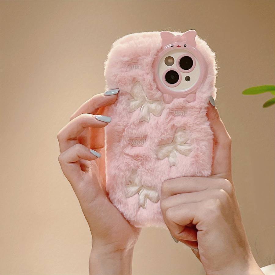 1Pc White For iPhone 13 Pro Plush Bow Tie Pattern Phone Case