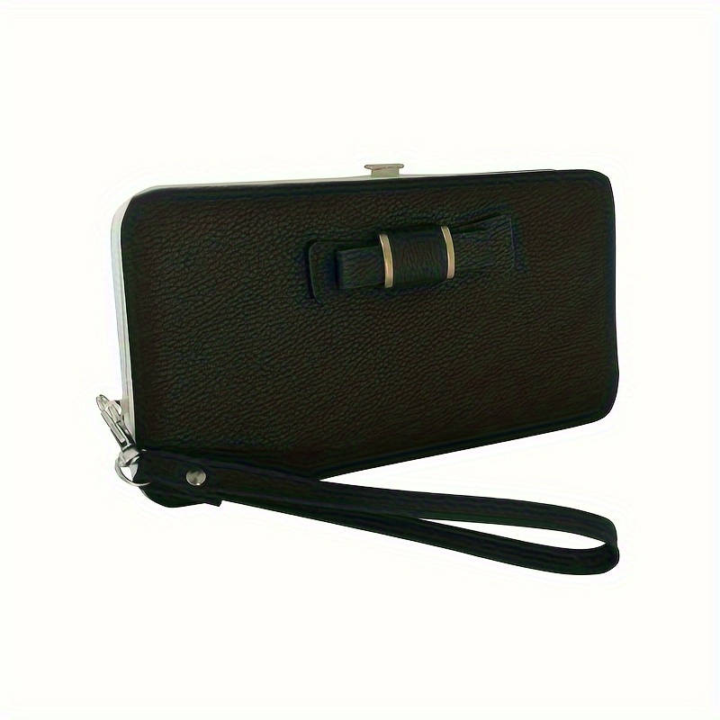 1pc Elegant Faux Leather Phone Wallet with Bow Detail Card Slots Zipper Pocket and Wrist Str