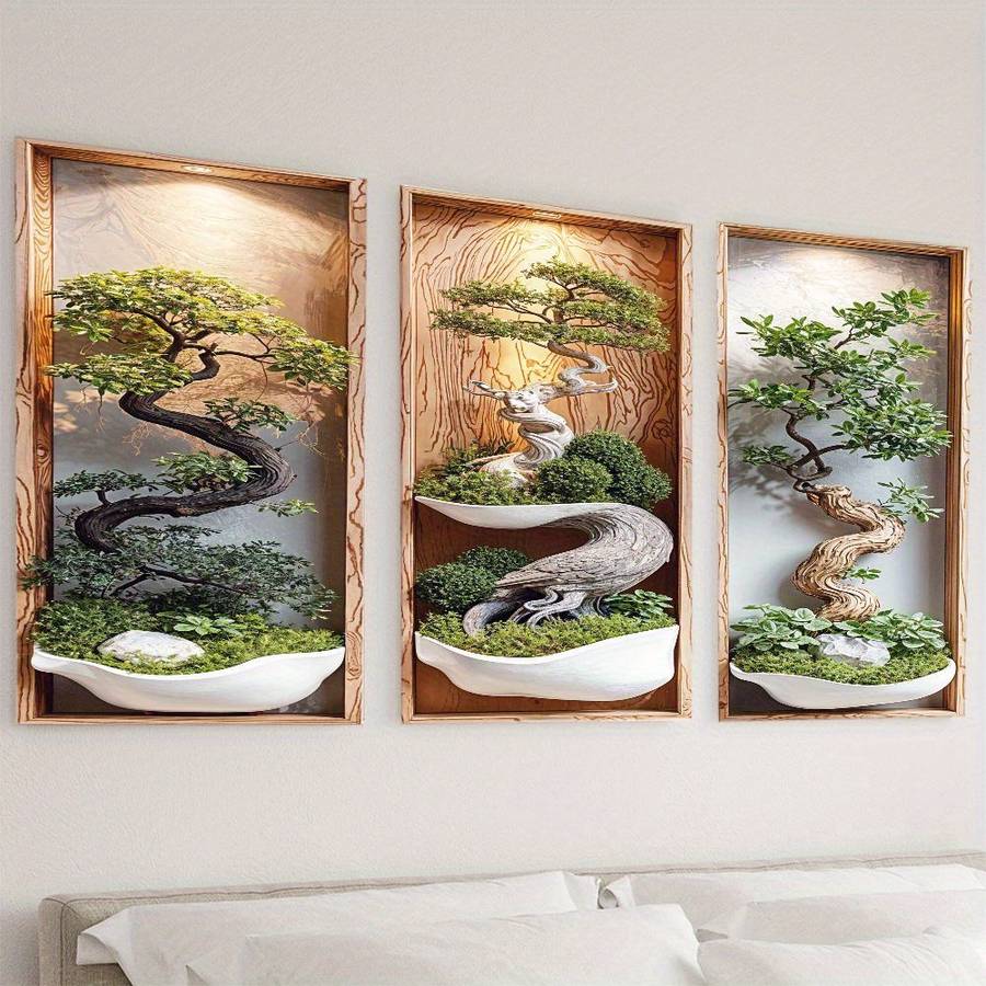 3Pcs Modern Leaflure Zen Bonsai Wall Art Frames Japanese Miniature Living Room