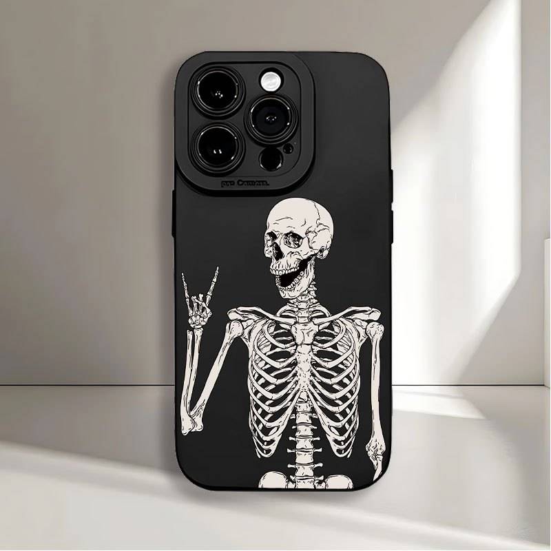 1Pc Black For iPhone 16 Pro Max Skeleton Biye Pattern Phone Case