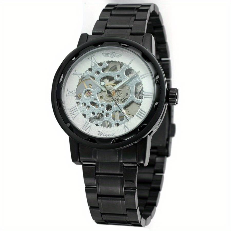 Modern Mens Mechanical Watch Skeleton Dial Full Black Dial Alloy Case