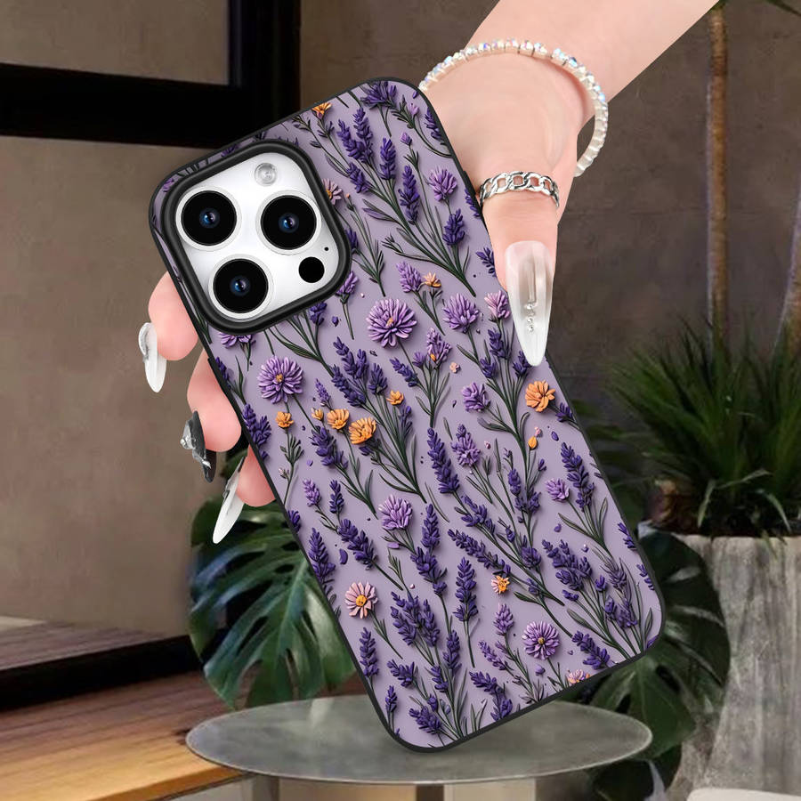 1Pc Black For iPhone 15 Pro Lavender Vine Pattern Phone Case
