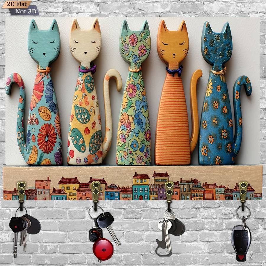 A 2D Wooden Key Holder Featuring A Colorful Cat Design material Wooden