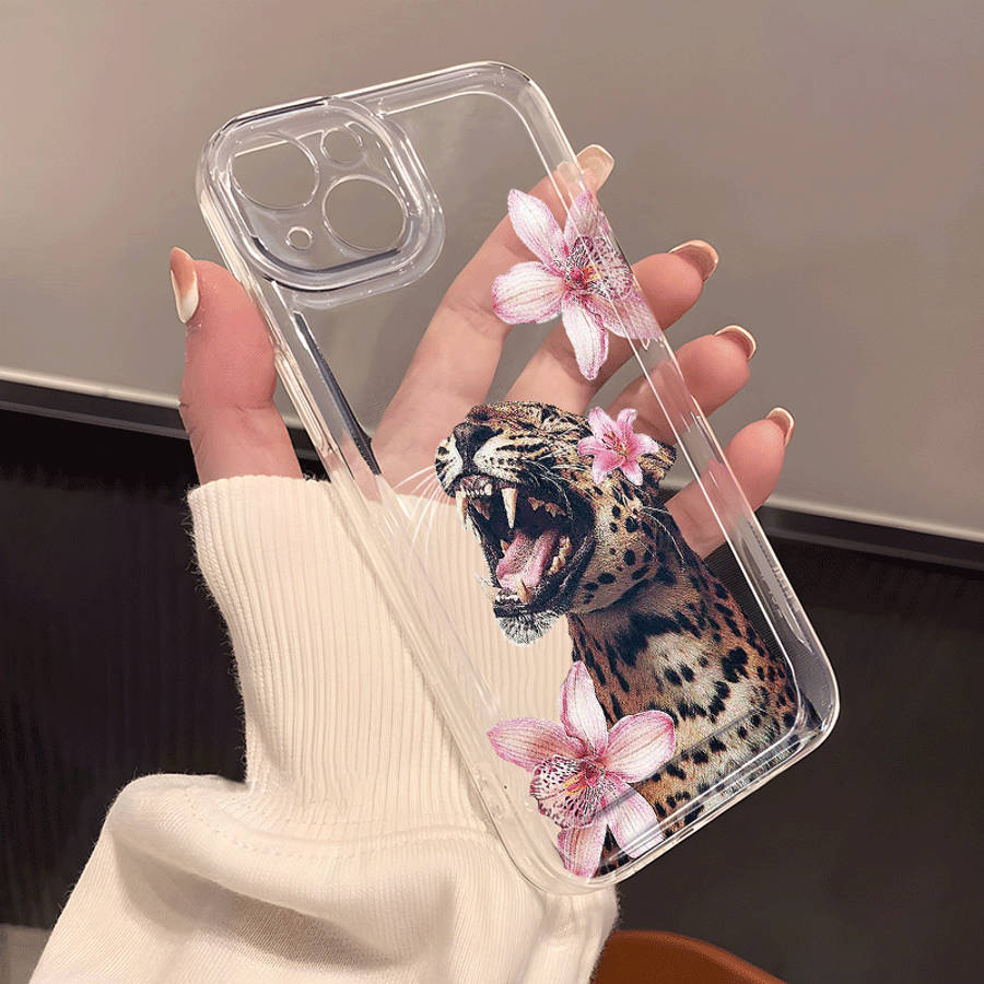 1Pc Transparent For iPhone 11 Pro Max Flower And Yellow Leopard Phone Case