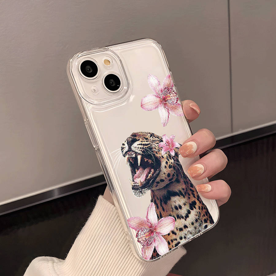 1Pc Transparent For iPhone 11 Pro Max Flower And Yellow Leopard Phone Case