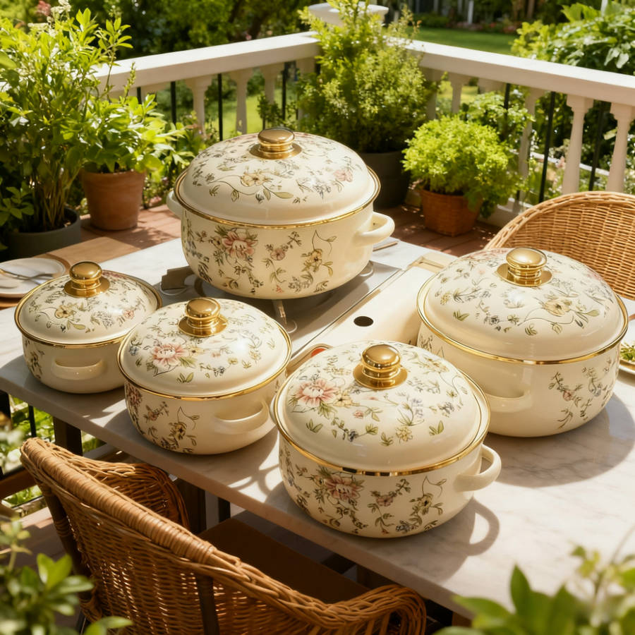 5Pcs Classic Vintage Enamel Cookware Set With Heavy Restaurant
