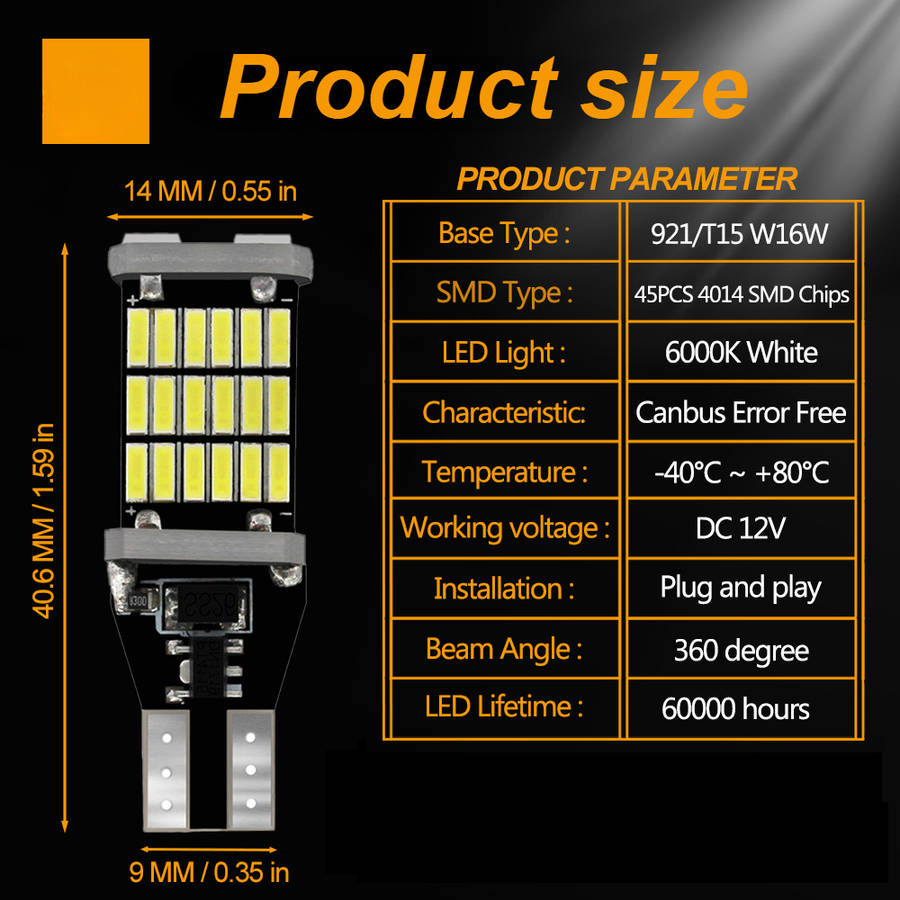 2pcs Red LED Turn Signal Lamp Bulbs T15 W16W 921 912 T16 902 Super Bright 45 SMD 40