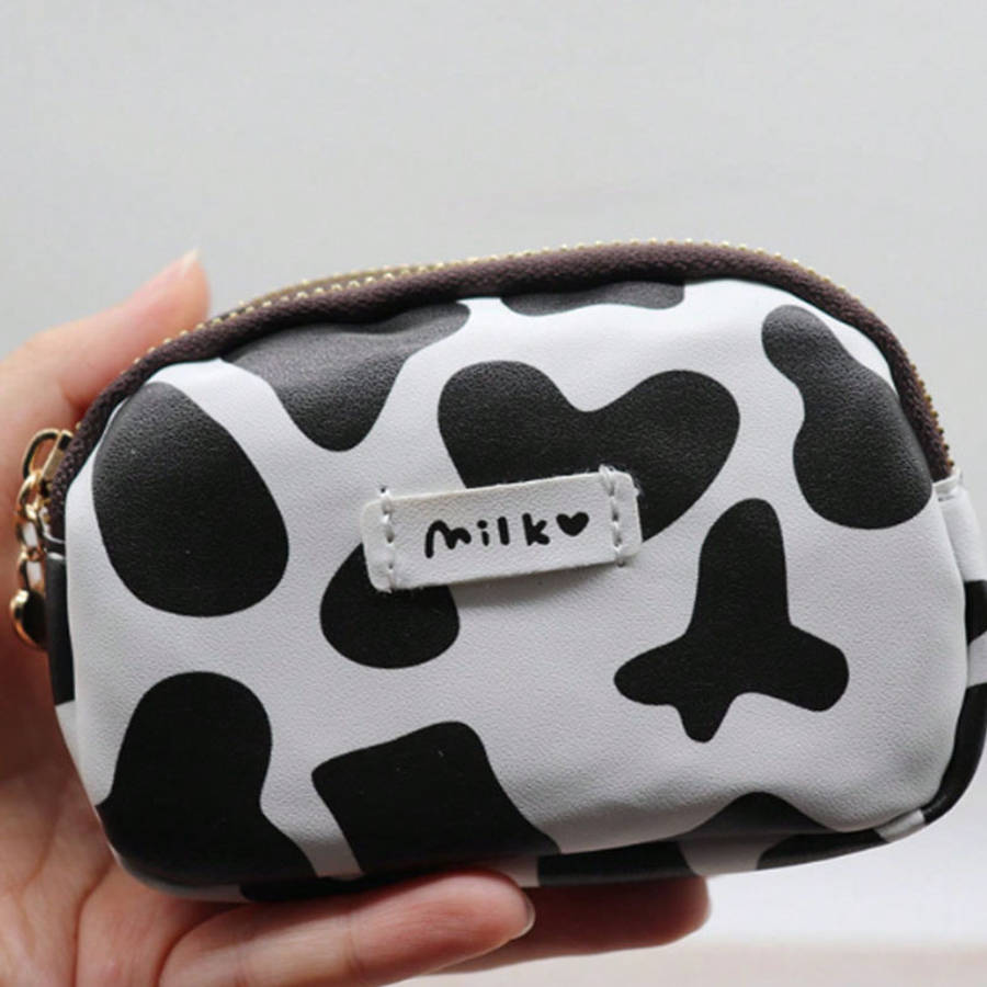 Cow Print Double Zipper Large Capacity Walletdurable Polyester Coin Purse With Multiple Compa