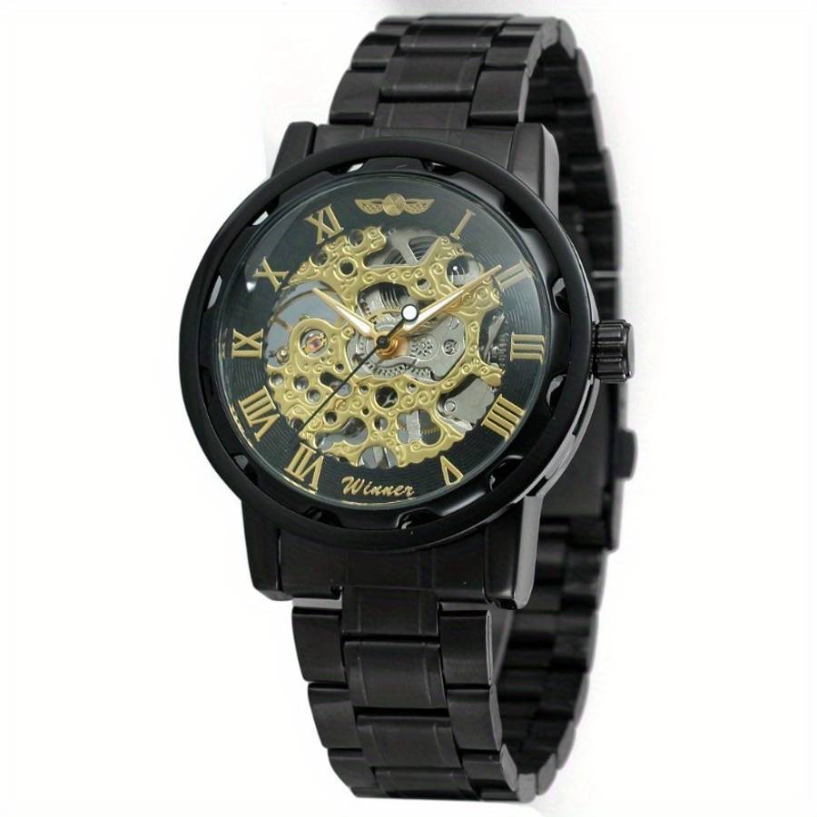 Modern Mens Mechanical Watch Skeleton Dial Full Black Dial Alloy Case