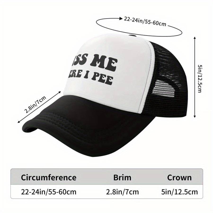 Kiss Me Where I Pee Adjustable Breathable Baseball Cap Black with White Front Panel Polyes