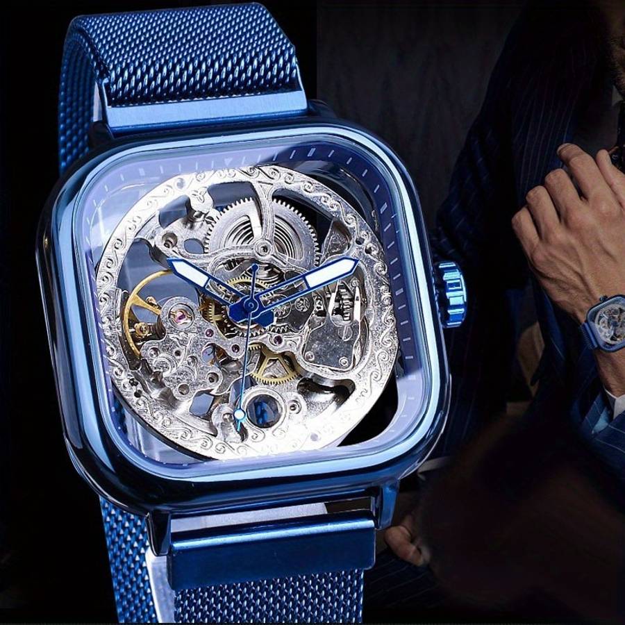 Modern Mens New Blue Square Features Skeleton Design Magnetic Meshcolor Black