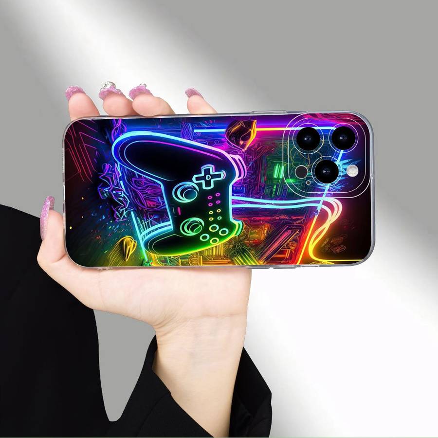 1Pc Mixed Color For iPhone 15 Neon Light And Game Controller Phone Case