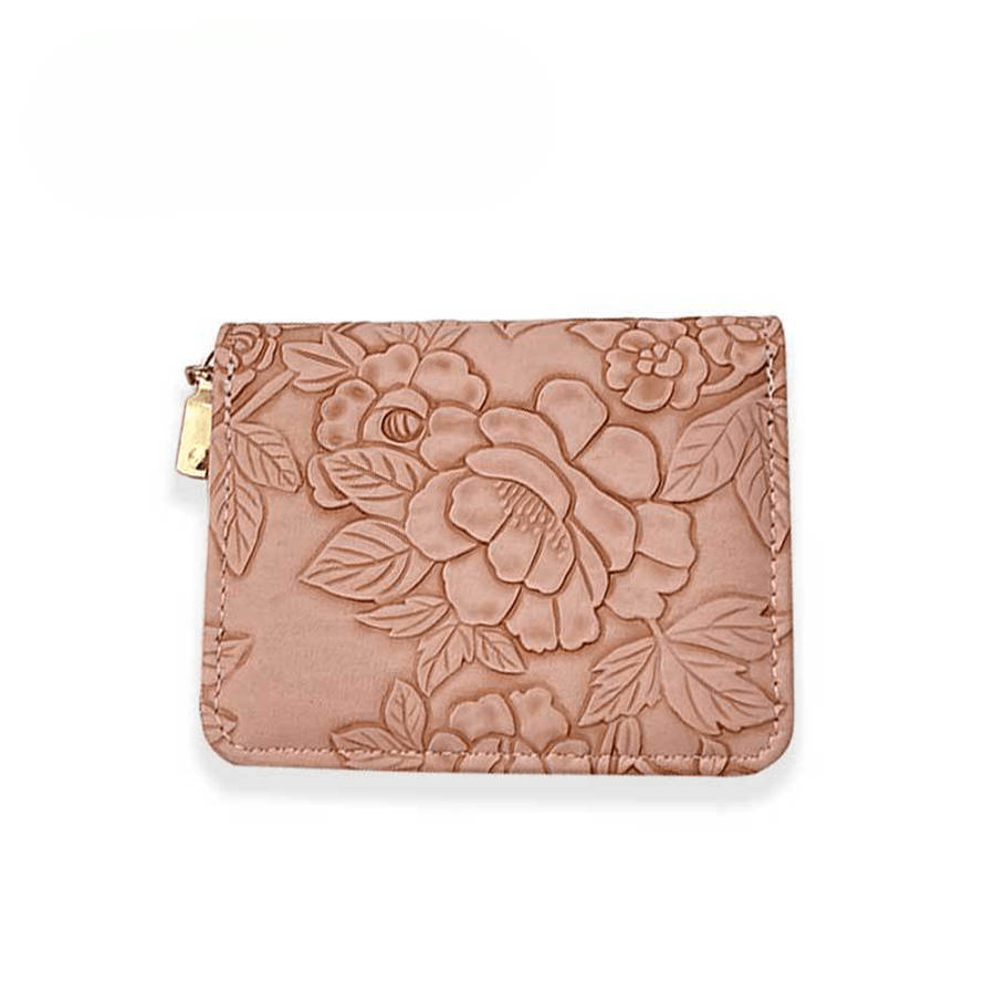 Women'S Pink Embossed Floral Zipper Walletlarge Capacity Card Holder With Chain Strap Elega