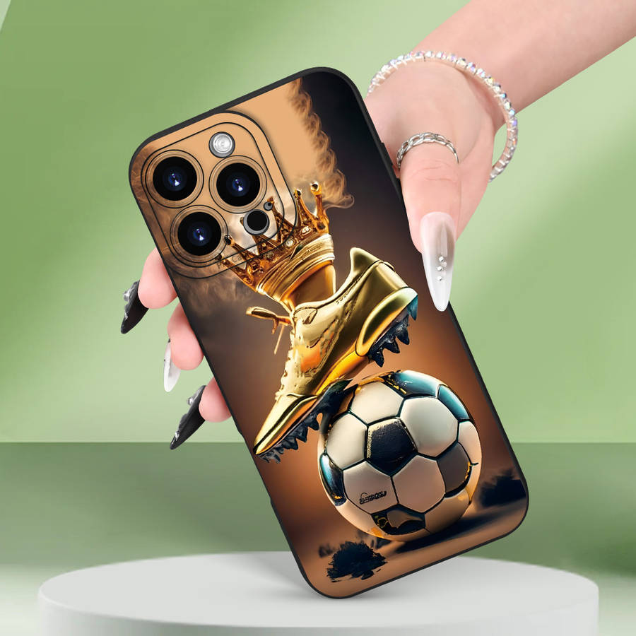 1Pc Black For iPhone 16 Pro Max Crown Golden Boot Soccer Phone Case