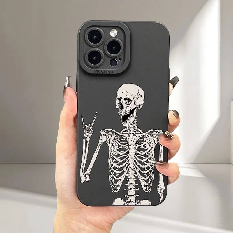 1Pc Black For iPhone 16 Pro Max Skeleton Biye Pattern Phone Case