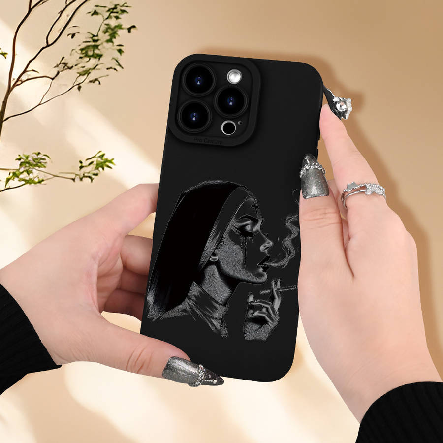 1Pc Black For iPhone 14 Smoking Nun Pattern Phone Case