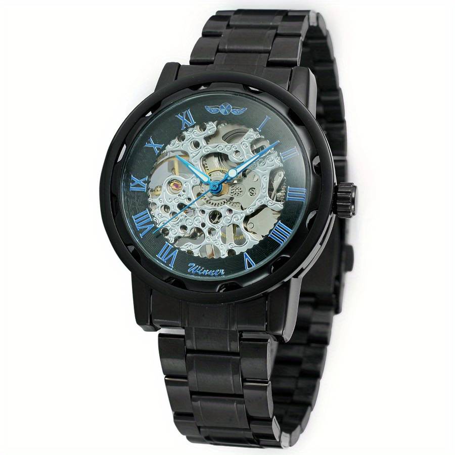 Modern Mens Mechanical Watch Skeleton Dial Full Black Dial Alloy Case