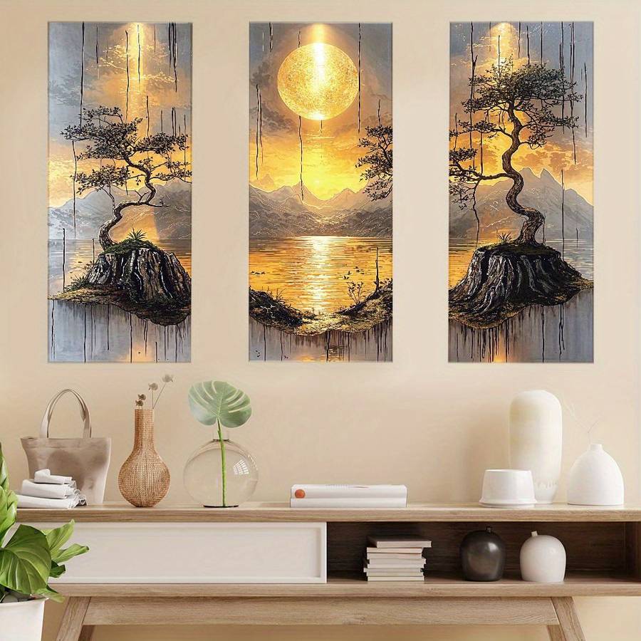 3Pcs Classic Leaflure Bonsai Tree Wall Art Golden Sun Mountain Living Room