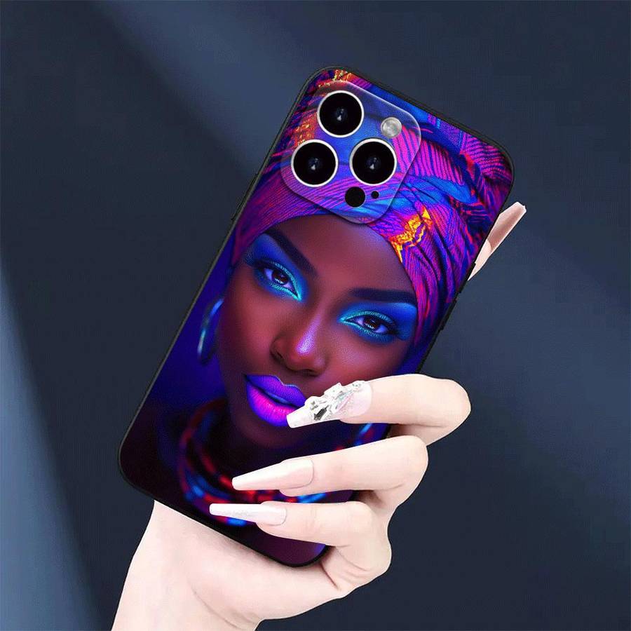 1Pc Black For iPhone 15 Plus African Beauty Featuring Headwraps Phone Case
