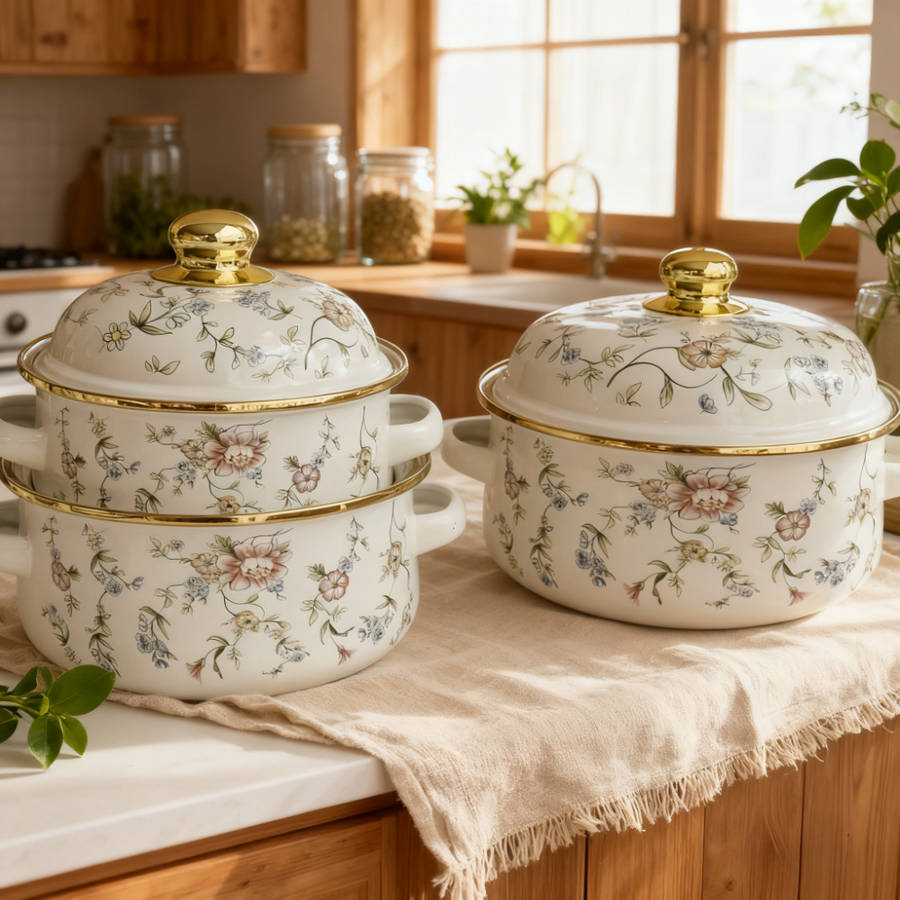 5Pcs Classic Vintage Enamel Cookware Set With Heavy Restaurant