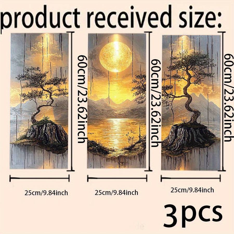 3Pcs Classic Leaflure Bonsai Tree Wall Art Golden Sun Mountain Living Room