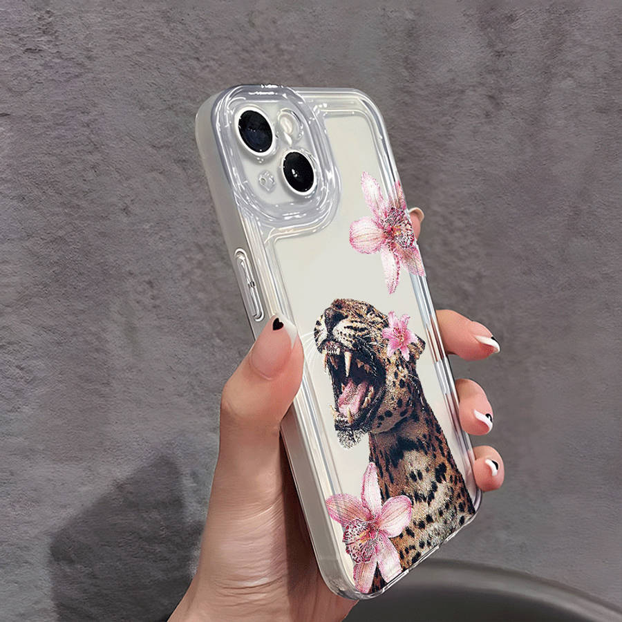 1Pc Transparent For iPhone 11 Pro Max Flower And Yellow Leopard Phone Case