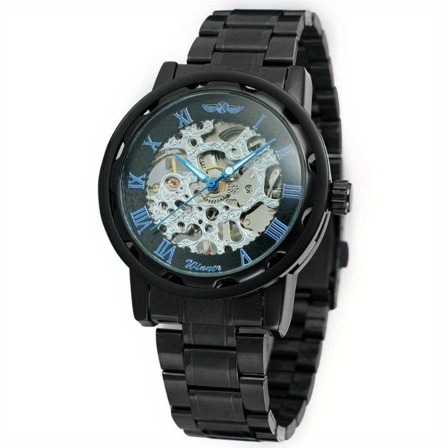 Modern Mens Mechanical Watch Skeleton Dial Full Black Dial Alloy Case