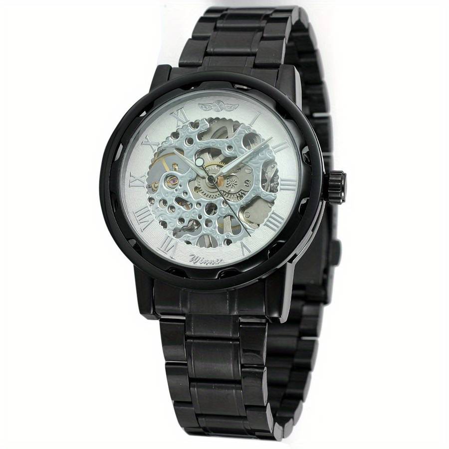 Modern Mens Mechanical Watch Skeleton Dial Full Black Dial Alloy Case