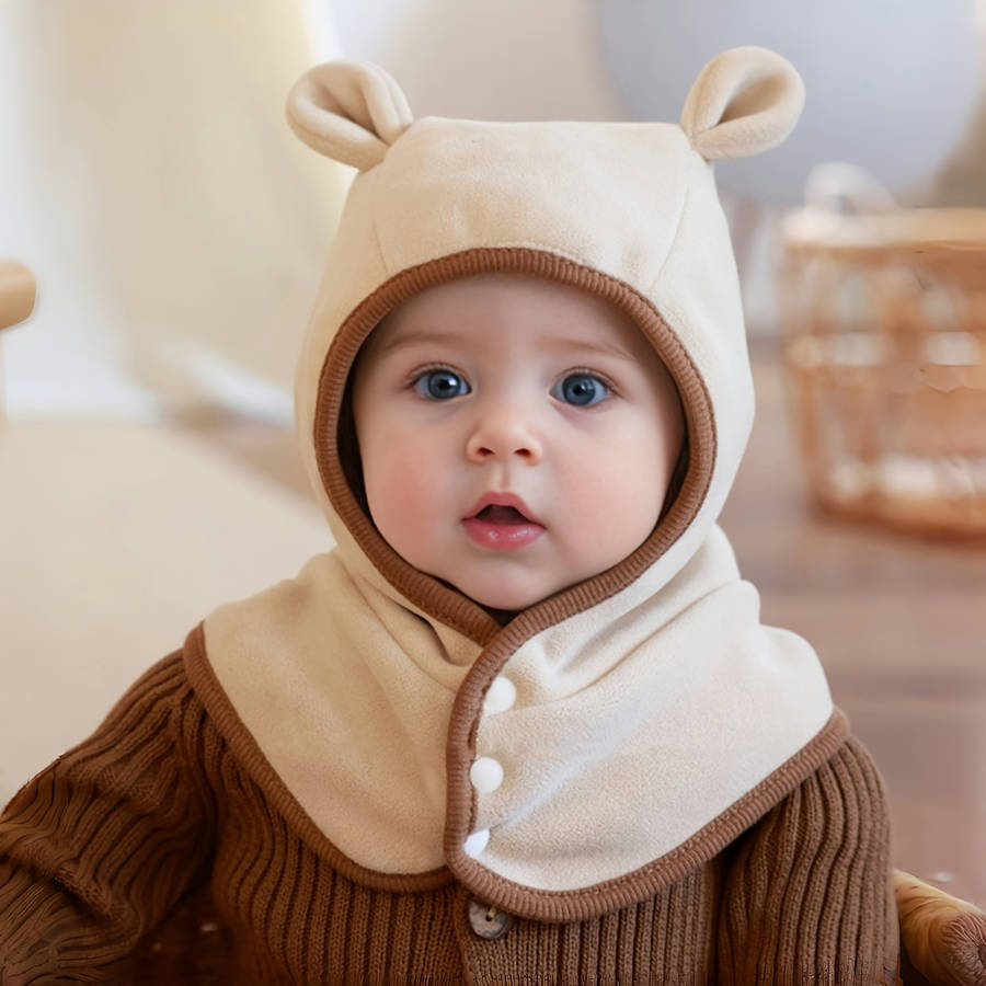 Hat Color Button Bear Scarf And Hat In One   Brown