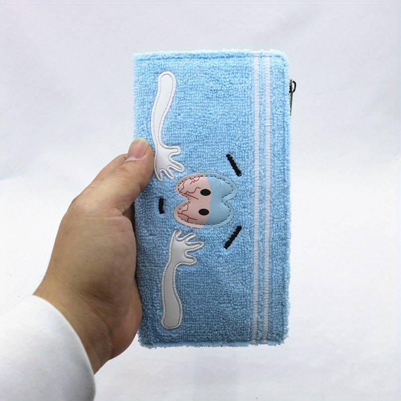 1pc Sky Blue Cartoon Plush Zip Wallet Large Capacity Card Holder with Smiling Face Design Soft S